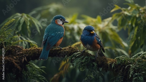 Colorful Birds Perched on Mossy Branch in Lush Forest Environment