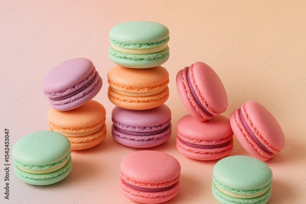Obraz premium Delightful assortment of colorful macarons elegantly arranged, a confectionery symphony of pastel shades against a soft, light background, perfect for dessert lovers.