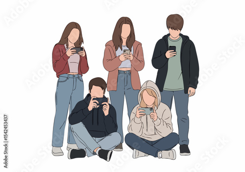 Simple Flat Style Group of People Holding Gadget Illustration
