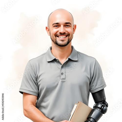 Portrait of a Man with a Prosthetic Arm Holding a Folder