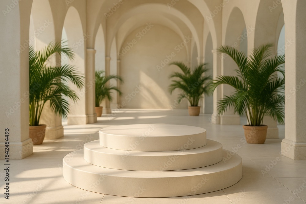 Fototapeta premium Elegant arched interior with grand staircase and lush potted palms basking in soft sunlight
