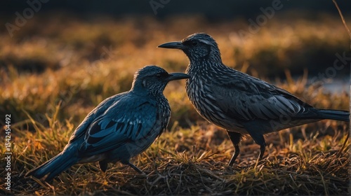Two Wattled Starlings Standing on Dry Grassy Ground at Sunset