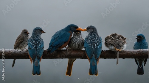 Group of Colorful Birds Perched on a Branch in Natural Setting