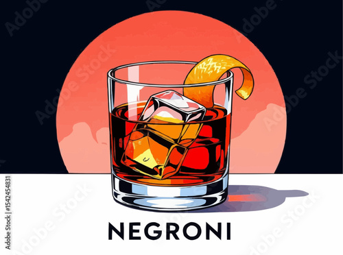 Classic cocktail illustration with ice and orange peel garnish