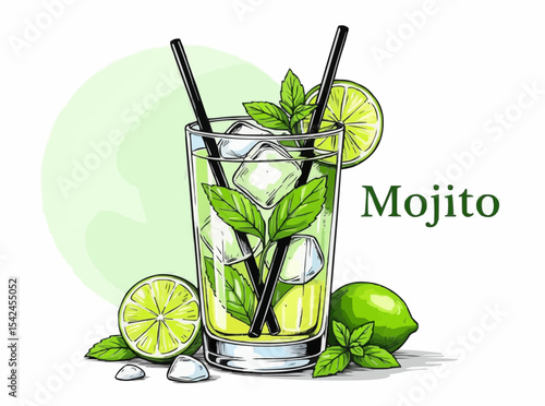 Refreshing Mojito illustration with lime and mint garnish