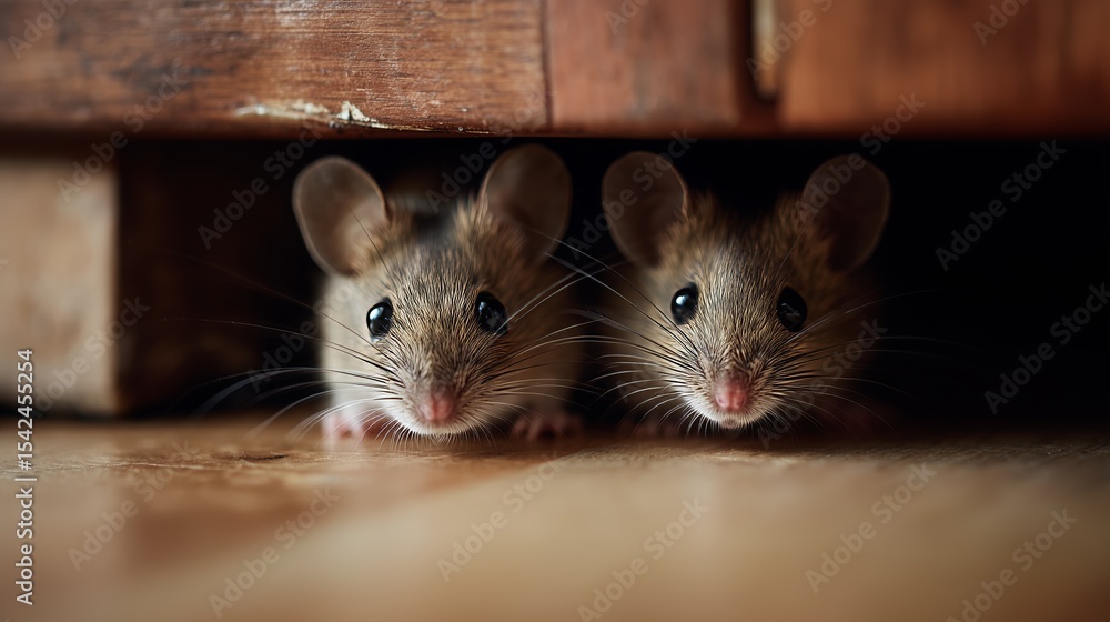 Obraz premium Two mice peeking out from under furniture, showcasing curiosity and exploring nature. Ideal for themes of wildlife and home.