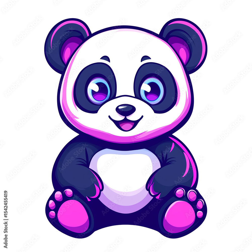 Fototapeta premium Adorable Cartoon Panda: Vibrant Purple and Blue Neon Style Illustration