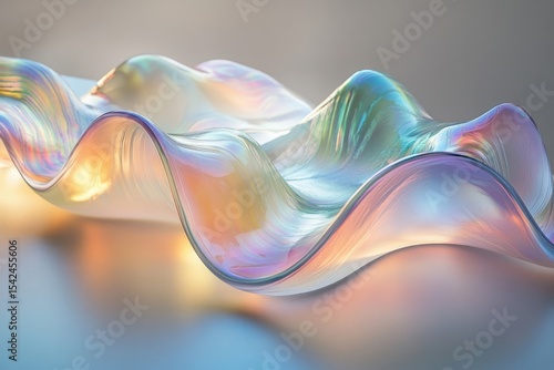 Abstract, flowing, iridescent waves in pastel colors, casting reflections, and creating a gentle, flowing, captivating visual.