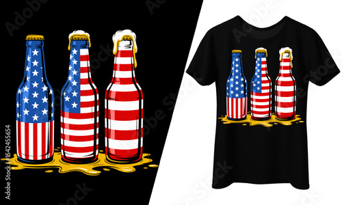 American Beer Bottles 4th of July, USA Party Design, T-Shirt Design.