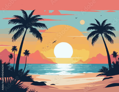 Vector flat landscape illustration of wild nature summer sunset on beach view with sky, sea coast, ocean, palm trees. For travel banners, cards, vacation and touristic advertising, brochures, flayer.