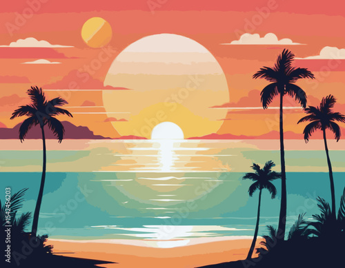 Vector flat landscape illustration of wild nature summer sunset on beach view with sky, sea coast, ocean, palm trees. For travel banners, cards, vacation and touristic advertising, brochures, flayer.