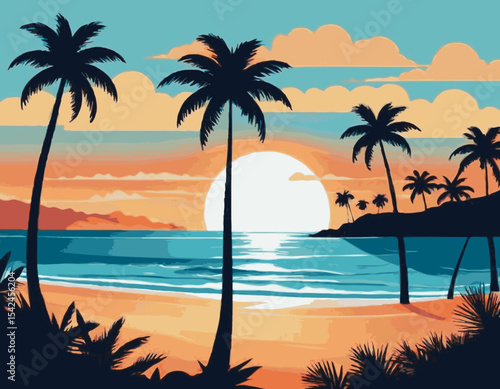 Vector flat landscape illustration of wild nature summer sunset on beach view with sky, sea coast, ocean, palm trees. For travel banners, cards, vacation and touristic advertising, brochures, flayer.