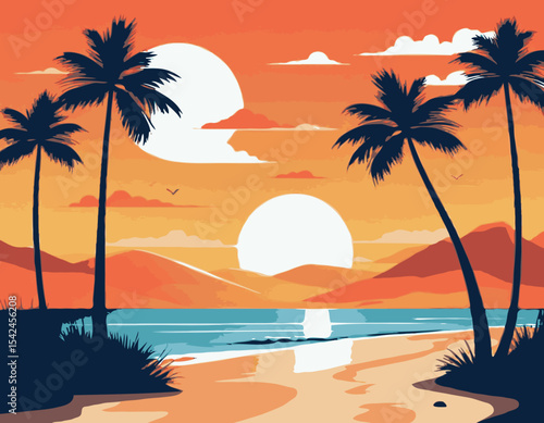 Vector flat landscape illustration of wild nature summer sunset on beach view with sky, sea coast, ocean, palm trees. For travel banners, cards, vacation and touristic advertising, brochures, flayer.