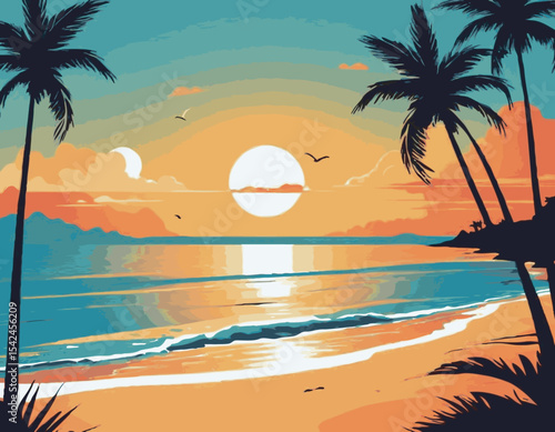 Vector flat landscape illustration of wild nature summer sunset on beach view with sky, sea coast, ocean, palm trees. For travel banners, cards, vacation and touristic advertising, brochures, flayer.