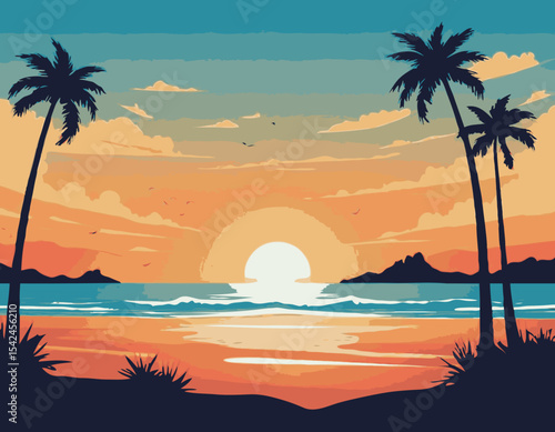 Vector flat landscape illustration of wild nature summer sunset on beach view with sky, sea coast, ocean, palm trees. For travel banners, cards, vacation and touristic advertising, brochures, flayer.