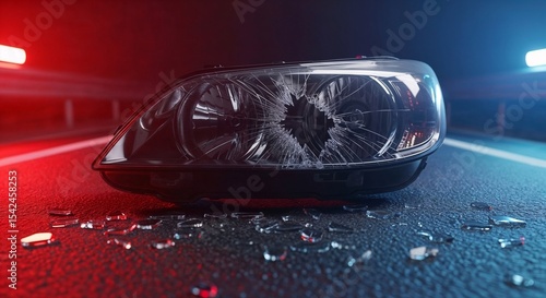 Broken Headlight on Road: A close-up shot of a shattered car headlight resting on a dimly lit road, illuminated by the flashing lights of emergency vehicles, conveying a sense of danger.