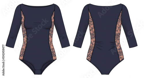 Stylish Navy Bodysuit: Three-quarter sleeves and lace details