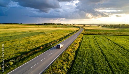 Car drives through a vibrant countryside road under dramatic skies, an idyllic scene evokes freedom.