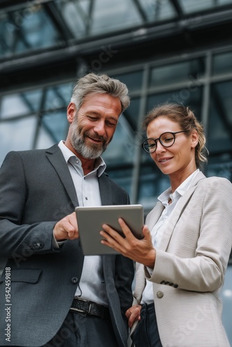 Photo of two business people using a tablet while standing in front of a building, looking at the screen and discussing a project outside the office.
