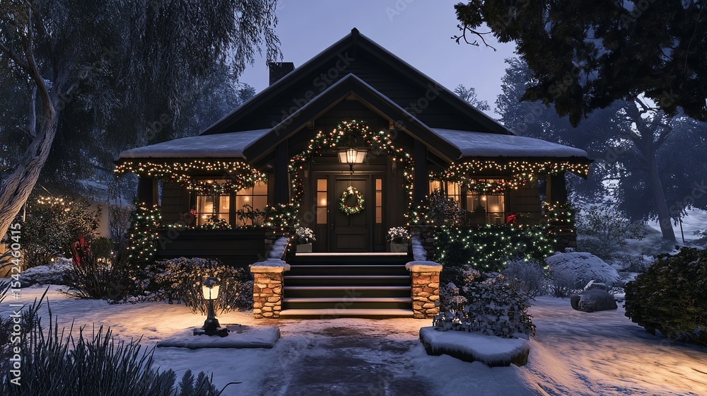 A house decorated with christmas lights and a wreath on the door in a snowy winter landscape at dusk time A house decorated with christmas lights and a wreath on the door in a snowy winter landscape at dusk time