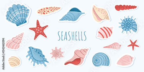 Cute sea shells and starfish sticker set. Hand drawn marine elements. Ocean clipart for summer design. Vector illustration on light blue background.