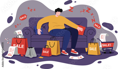 Man resting on sofa surrounded by shopping bags and sale tags after shopping spree in relaxed mood 