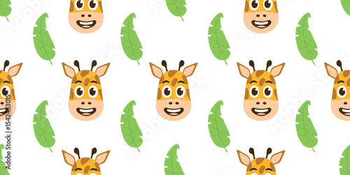 Pattern smiling Giraffes Head and Palm leaf. Repeating seamless print with Laughing face of spotted African Animal and Tropical nature, Foliage. Cartoon style for children design. Vector illustration