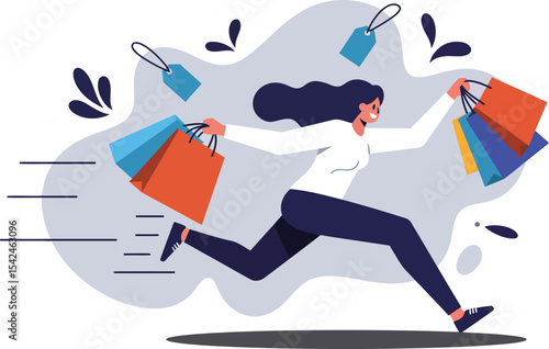 Woman running joyfully with multiple colorful shopping bags in hand during fast shopping spree 