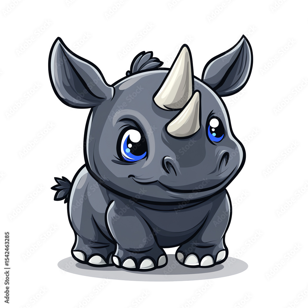 Fototapeta premium Adorable Baby Rhino Cartoon Illustration: Big Blue Eyes, Gray Fur, and Two Horns. Perfect for Children's Books, Clothing Designs, and Educational Materials. High-Resolution Vector Graphic.