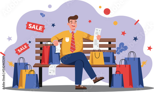 Man sitting on bench surrounded by shopping bags and sale signs enjoying shopping spree excitement 