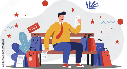 Man sitting on bench holding receipt surrounded by shopping bags during sale shopping spree 