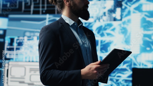 Photography Tech savvy administrator reviewing AI brain programming on a tablet, exploring algorithmic thinking and deep learning through neural networks system