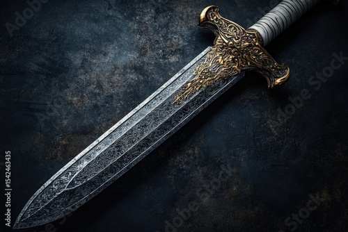 A detailed view of a medieval sword with golden hilt and intricate engravings, set against a dark textured background, gives noble impression.