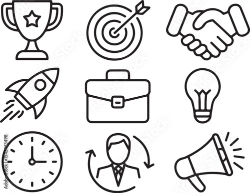 Success Icons Achievement, Goals, Teamwork, Innovation, and Growth