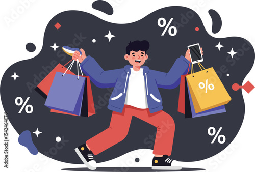 Happy young man carrying multiple colorful shopping bags with discount symbols in lively shopping spree scene 