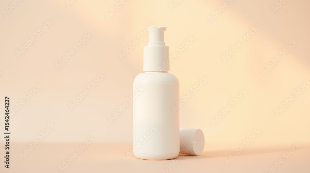 Minimalist white pump bottle with cap on peach background, skincare product Minimalist white pump bottle with cap on peach background, skincare product