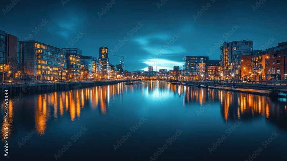 Fototapeta premium Cityscape at twilight reflecting on a calm river