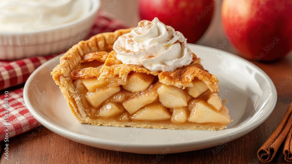 Apple pie with comfort and filling idea. Delicious apple pie slice with whipped cream topping. Apple pie with comfort and filling idea. Delicious apple pie slice with whipped cream topping.