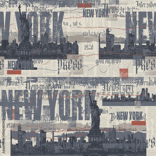 Abstract seamless pattern on urban theme with Statue of Liberty in New York with city architecture and newspaper clippings background in grunge style. Wallpaper, fabric, t-shirt design. No AI used