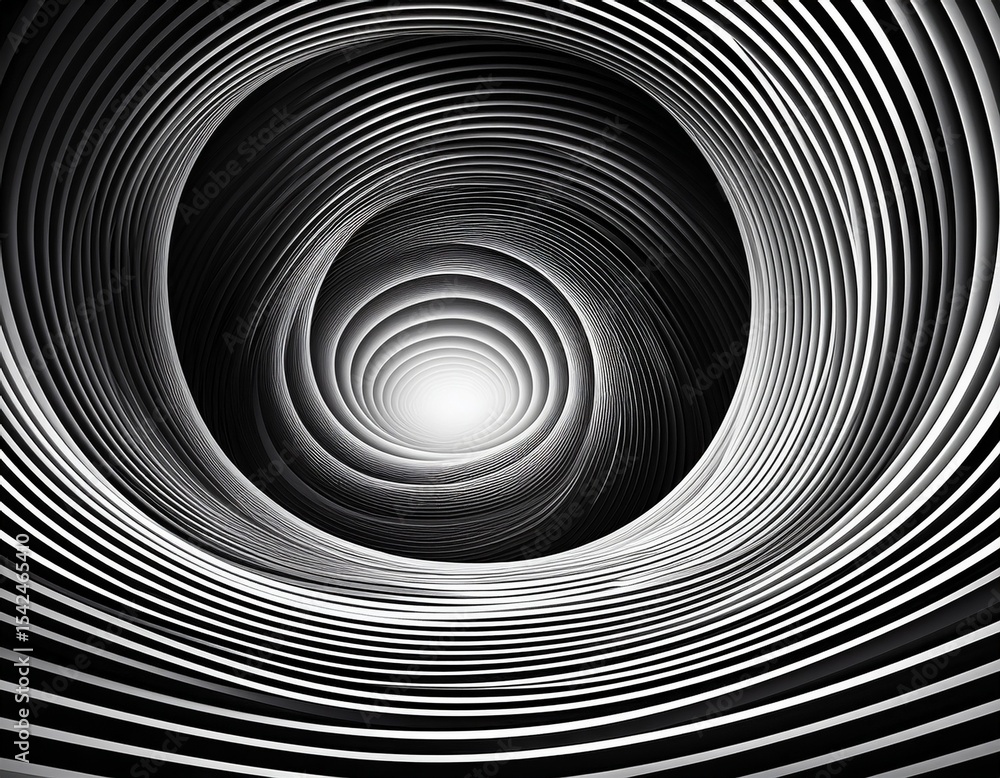 Obraz premium abstract monochrome spiral tunnel with dynamic black and white stripes creating hypnotic depth and light illusion