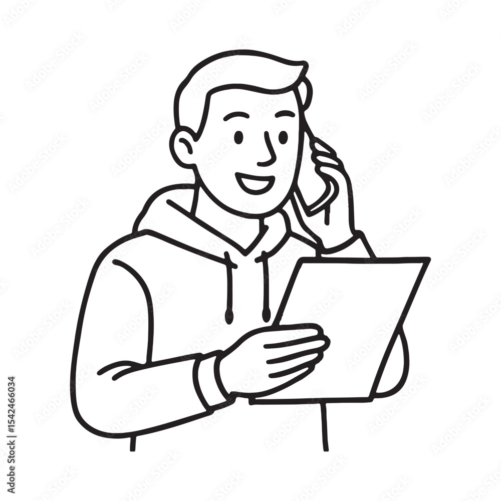 Man Talking On Phone While Reading Paper Document In Hoodie. Man Talking On Phone While Reading Paper Document In Hoodie.