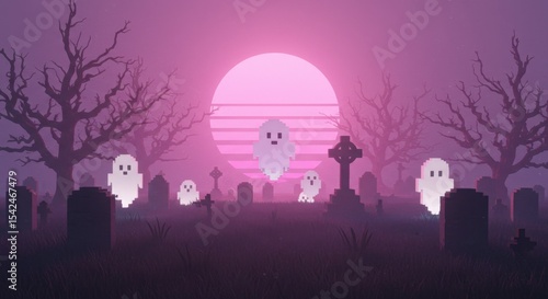 Vaporwave Graveyard with Pixelated Ghosts