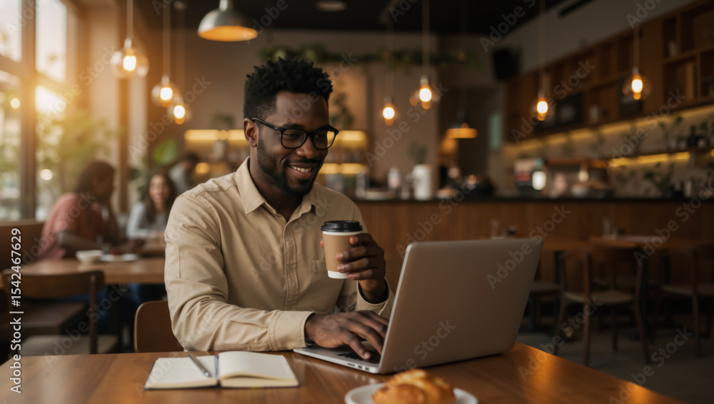 Smiling black male entrepreneur working on laptop in cafe with coffee cup. Young African American man enjoying work session at coffee shop. Friendly cafe setting, productive remote work. Smiling black male entrepreneur working on laptop in cafe with coffee cup. Young African American man enjoying work session at coffee shop. Friendly cafe setting, productive remote work.