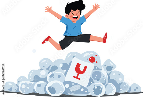 Happy boy jumping over foamy bubbles with soap bottle in playful bath time scene 