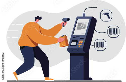 Person scanning barcode with handheld scanner at self service kiosk for retail checkout process technology
