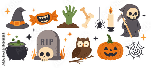 Halloween set of witch hat, candy with teeth, zombie hand, candle, skeleton, pumpkin, gravestone, spider, cauldron, owl. For children’s products, party invitations, scrapbooking, prints, merchandise