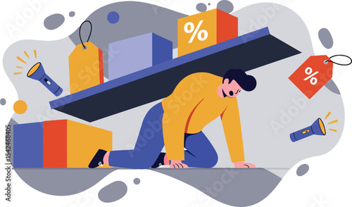 Man struggling under heavy shelf with discount tags and megaphones illustrating shopping stress and pressure 