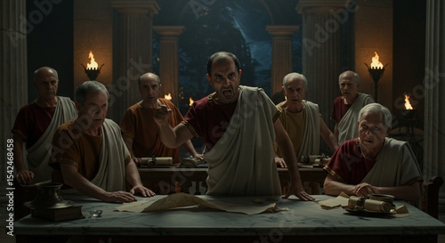 The Council: A gathering of senators in ancient times, the flickering candlelight casts shadows on solemn faces as they debate within the grandeur of a stone hall. 