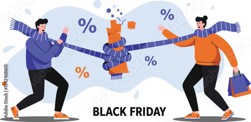 Black Friday shopping tug of war between man and woman pulling oversized scarf with percentage symbols 