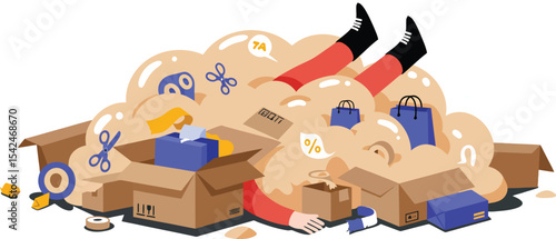 Person overwhelmed by large pile of cardboard boxes and packaging waste in chaotic home environment 